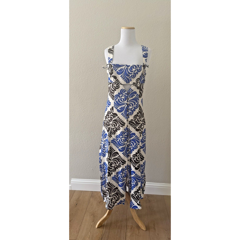 Zara Midi Dress M Cream Blue Brown Swirl Viscose Sleeveless Unlined Sundress NEW
